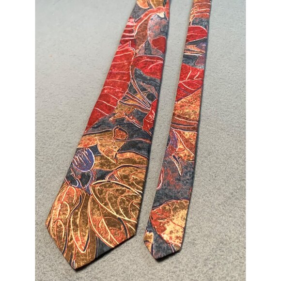 Adams Row Mens Tie Microfiber Red Brown Leaf Pattern Necktie - Picture 5 of 5